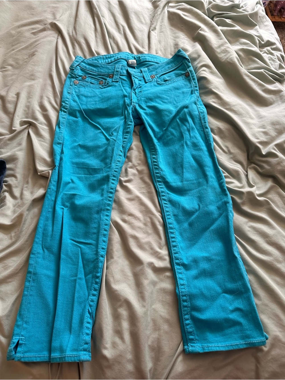 True Religion Teal Ankle-Length Straight Jeans